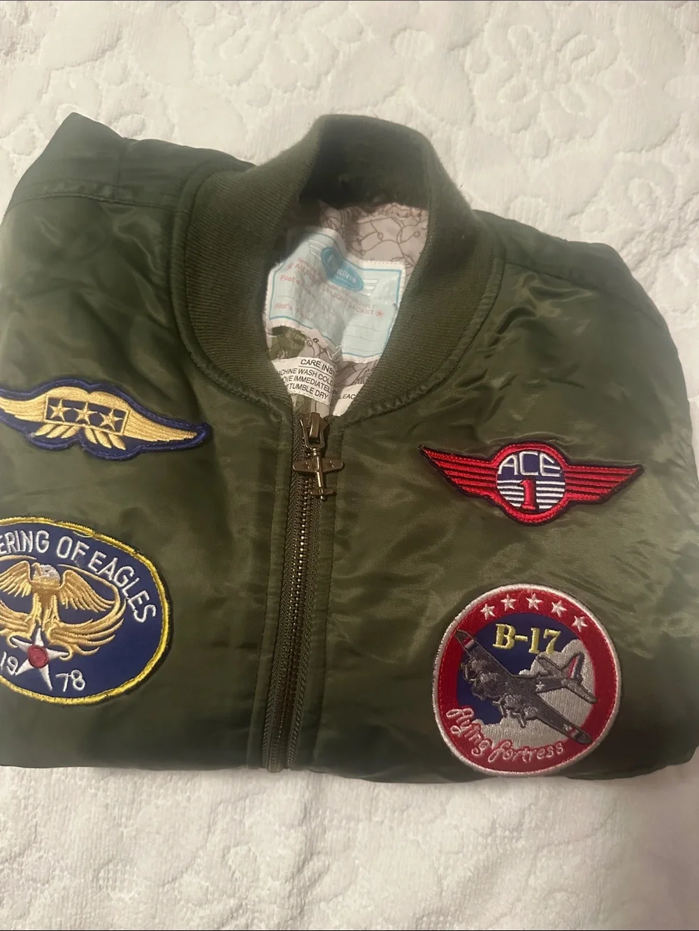 Kids Olive Green Patchwork Flight Puffer Jacket with Patches